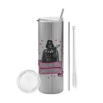 Darth Vader, you take my breath away, Eco friendly ποτήρι θερμό Ασημένιο (tumbler) από ανοξείδωτο ατσάλι 600ml, με μεταλλικό καλαμάκι & βούρτσα καθαρισμού