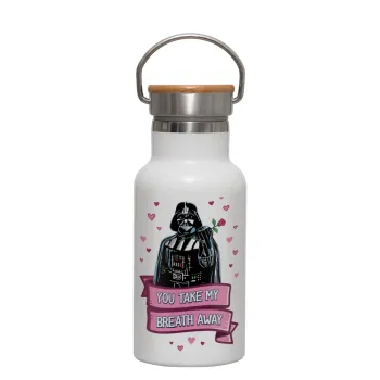 Darth Vader, you take my breath away, Metallic thermos (Stainless steel) White with wooden lid (bamboo), double-walled, 350ml