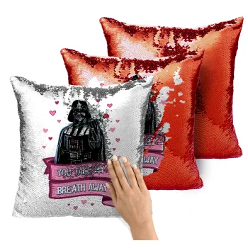 Darth Vader, you take my breath away, Μαξιλάρι καναπέ Μαγικό Κόκκινο με πούλιες 40x40cm περιέχεται το γέμισμα