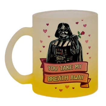Darth Vader, you take my breath away, Κούπα γυάλινη δίχρωμη με βάση το κίτρινο ματ, 330ml