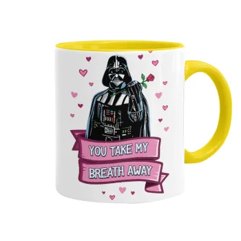 Darth Vader, you take my breath away, Κούπα χρωματιστή κίτρινη, κεραμική, 330ml