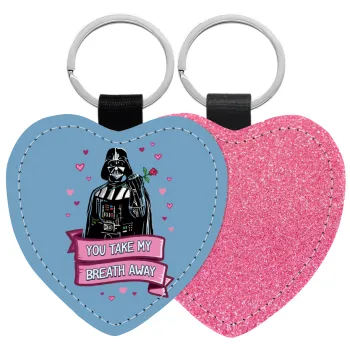 Darth Vader, you take my breath away, Μπρελόκ PU δερμάτινο glitter καρδιά ΡΟΖ