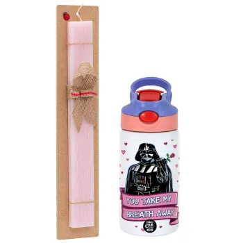 Darth Vader, you take my breath away, Easter Set, Children's thermal stainless steel water bottle with safety straw, pink/purple (350ml) & Easter scented flat candle (30cm) (PINK)