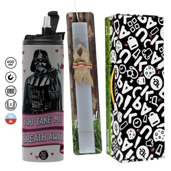 Darth Vader, you take my breath away, Πασχαλινή Λαμπάδα με Travel Tumbler θερμό (600ml, BPA free) & κερί αρωματικό πλακέ (30cm) (ΓΚΡΙ)