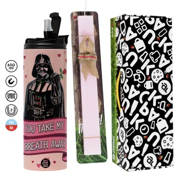 Darth Vader, you take my breath away, Πασχαλινή Λαμπάδα με  ΡΟΖ Travel Tumbler θερμό (600ml, BPA free) & κερί αρωματικό πλακέ (30cm) (ΡΟΖ)