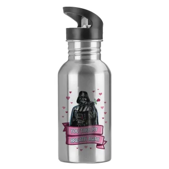 Darth Vader, you take my breath away, Water bottle Silver with straw, stainless steel 600ml