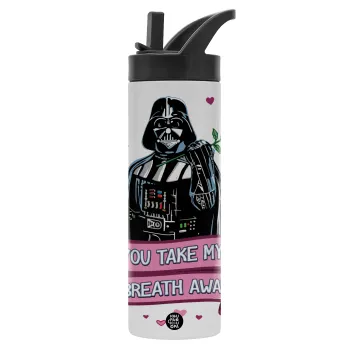 Darth Vader, you take my breath away, Metallic thermos bottle with straw & handle, stainless steel (Stainless steel 304), double-walled, 600ml.