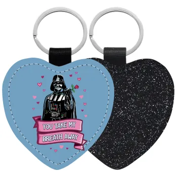 Darth Vader, you take my breath away, Μπρελόκ PU δερμάτινο glitter καρδιά ΜΑΥΡΟ