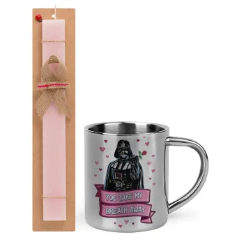 Darth Vader, you take my breath away, Πασχαλινή Λαμπάδα με μεταλλική κούπα θερμό (300ml) & κερί αρωματικό πλακέ (30cm) (ΡΟΖ)