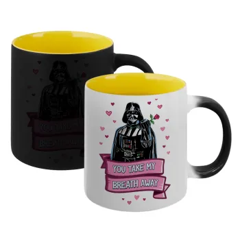 Darth Vader, you take my breath away, Κούπα Μαγική εσωτερικό κίτρινη, κεραμική 330ml που αλλάζει χρώμα με το ζεστό ρόφημα