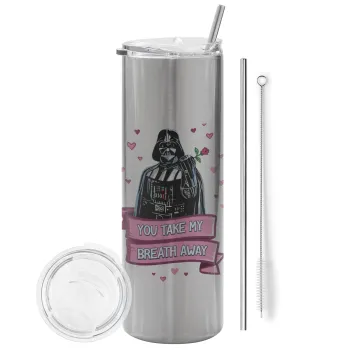 Darth Vader, you take my breath away, Tumbler stainless steel Silver 600ml, with metal straw & cleaning brush