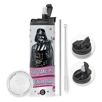 Darth Vader, you take my breath away, Travel Tumbler θερμό με διπλό καπάκι, μεταλλικό καλαμάκι και βούρτσα καθαρισμού (Ανωξείδωτο 304 Food grade, BPA free, 600ml)
