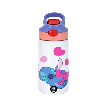 Lilo & Stitch hugs and hearts, Παιδικό παγούρι θερμό, ανοξείδωτο, με καλαμάκι ασφαλείας, ροζ/μωβ (350ml)