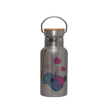 Lilo & Stitch hugs and hearts, Μεταλλικό παγούρι θερμός (Stainless steel) Ασημένιο με ξύλινο καπακι (bamboo), διπλού τοιχώματος, 350ml