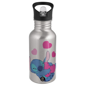 Lilo & Stitch hugs and hearts, Water bottle Silver with straw, stainless steel 500ml