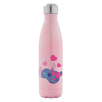 Lilo & Stitch hugs and hearts, Metal mug thermos Pink Iridiscent (Stainless steel), double wall, 500ml