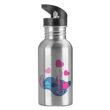 Lilo & Stitch hugs and hearts, Water bottle Silver with straw, stainless steel 600ml