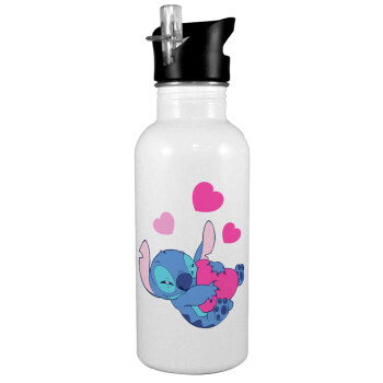 Lilo & Stitch hugs and hearts, White water bottle with straw, stainless steel 600ml