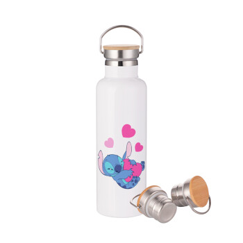 Lilo & Stitch hugs and hearts, Stainless steel White with wooden lid (bamboo), double wall, 750ml