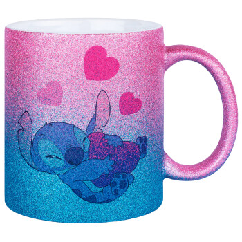 Lilo & Stitch hugs and hearts, Κούπα Χρυσή/Μπλε Glitter, κεραμική, 330ml
