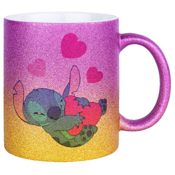 Lilo & Stitch hugs and hearts, Κούπα Χρυσή/Ροζ Glitter, κεραμική, 330ml