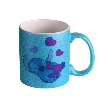 Lilo & Stitch hugs and hearts, Κούπα Σιέλ Glitter που γυαλίζει, κεραμική, 330ml