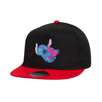 Lilo & Stitch hugs and hearts, Καπέλο παιδικό Flat Snapback, Μαύρο/Κόκκινο (100% ΒΑΜΒΑΚΕΡΟ, ΠΑΙΔΙΚΟ, UNISEX, ONE SIZE)