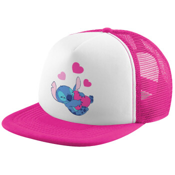 Lilo & Stitch hugs and hearts, Καπέλο παιδικό Soft Trucker με Δίχτυ Pink/White 