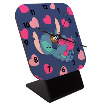 Lilo & Stitch hugs and hearts, Quartz Table clock in natural wood (10cm)