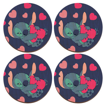 Lilo & Stitch hugs and hearts, ΣΕΤ x4 Σουβέρ ξύλινα στρογγυλά plywood (9cm)