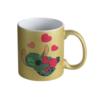 Lilo & Stitch hugs and hearts, Κούπα Χρυσή Glitter που γυαλίζει, κεραμική, 330ml
