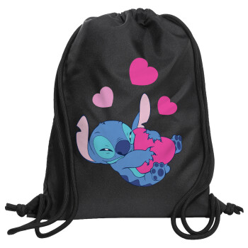 Lilo & Stitch hugs and hearts, Τσάντα πλάτης πουγκί GYMBAG Μαύρη, με τσέπη (40x48cm) & χονδρά κορδόνια