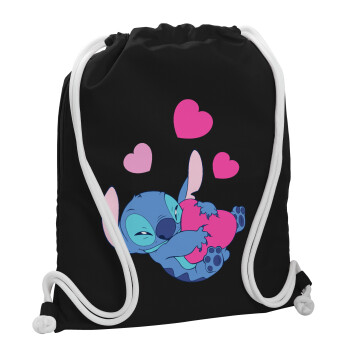 Lilo & Stitch hugs and hearts, Τσάντα πλάτης πουγκί GYMBAG Μαύρη, με τσέπη (40x48cm) & χονδρά λευκά κορδόνια