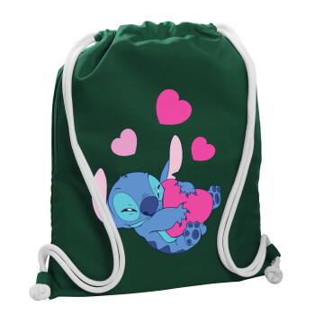 Lilo & Stitch hugs and hearts, Τσάντα πλάτης πουγκί GYMBAG BOTTLE GREEN, με τσέπη (40x48cm) & χονδρά λευκά κορδόνια