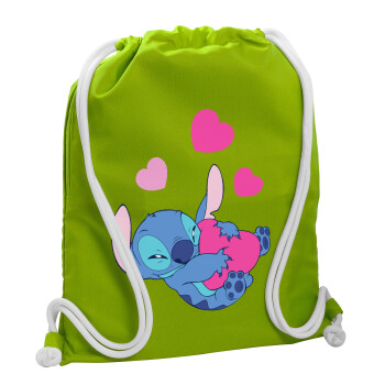 Lilo & Stitch hugs and hearts, Τσάντα πλάτης πουγκί GYMBAG LIME GREEN, με τσέπη (40x48cm) & χονδρά κορδόνια