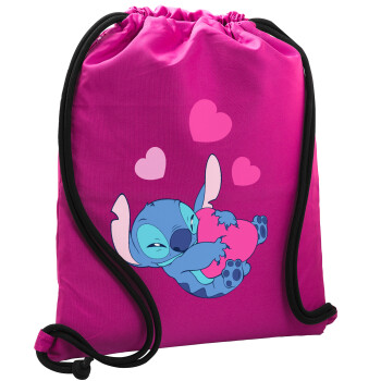 Lilo & Stitch hugs and hearts, Τσάντα πλάτης πουγκί GYMBAG Φούξια, με τσέπη (40x48cm) & χονδρά κορδόνια