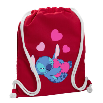 Lilo & Stitch hugs and hearts, Τσάντα πλάτης πουγκί GYMBAG Κόκκινη, με τσέπη (40x48cm) & χονδρά κορδόνια