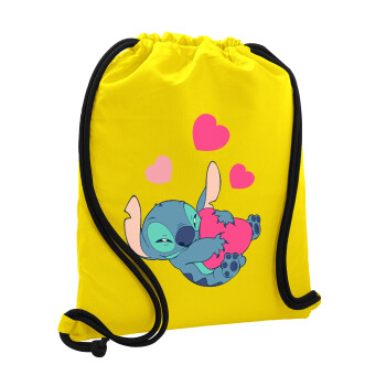 Lilo & Stitch hugs and hearts, Τσάντα πλάτης πουγκί GYMBAG Κίτρινη, με τσέπη (40x48cm) & χονδρά κορδόνια