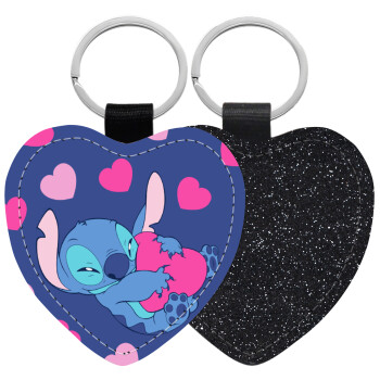 Lilo & Stitch hugs and hearts, Μπρελόκ PU δερμάτινο glitter καρδιά ΜΑΥΡΟ