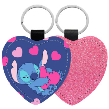 Lilo & Stitch hugs and hearts, Μπρελόκ PU δερμάτινο glitter καρδιά ΡΟΖ