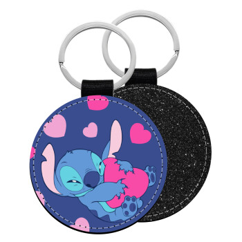 Lilo & Stitch hugs and hearts, Μπρελόκ Δερματίνη, στρογγυλό ΜΑΥΡΟ (5cm)