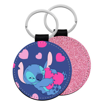 Lilo & Stitch hugs and hearts, Μπρελόκ Δερματίνη, στρογγυλό ΡΟΖ (5cm)