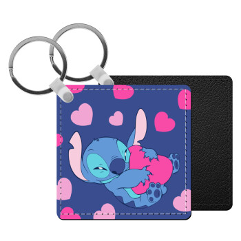 Lilo & Stitch hugs and hearts, Μπρελόκ Δερματίνη, τετράγωνο ΜΑΥΡΟ (5x5cm)