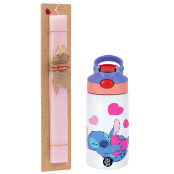 Lilo & Stitch hugs and hearts, Πασχαλινή Λαμπάδα με Παιδικό παγούρι θερμό, ανοξείδωτο, με καλαμάκι ασφαλείας, ροζ/μωβ (350ml) & κερί αρωματικό πλακέ (30cm) (ΡΟΖ)