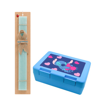 Lilo & Stitch hugs and hearts, Easter Set, children's snack container BLUE & Easter aromatic flat candle (30cm) (TURQUOISE)