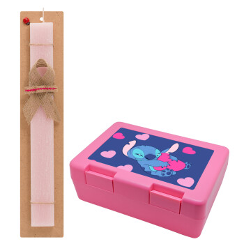 Lilo & Stitch hugs and hearts, Easter Set, children's snack container PINK & scented flat Easter candle (30cm) (PINK)