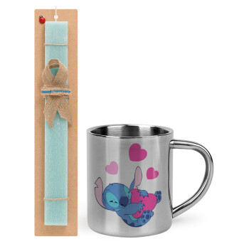 Lilo & Stitch hugs and hearts, Easter Set, metallic thermal cup (300ml) & aromatic flat Easter candle (30cm) (TURQUOISE)