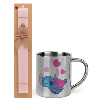 Lilo & Stitch hugs and hearts, Easter Set, metallic thermal cup (300ml) & aromatic flat Easter candle (30cm) (PINK)