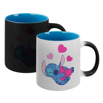 Lilo & Stitch hugs and hearts, Κούπα Μαγική εσωτερικό μπλε, κεραμική 330ml που αλλάζει χρώμα με το ζεστό ρόφημα