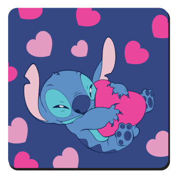 Lilo & Stitch hugs and hearts, Τετράγωνο μαγνητάκι ξύλινο 9x9cm